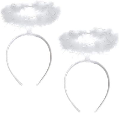 Haarband met engelenheiligheidschijn van veren en pluche, perfecte accessoire voor Halloween en Kerstmis, wit met zilveren reflecties, 2 stuks