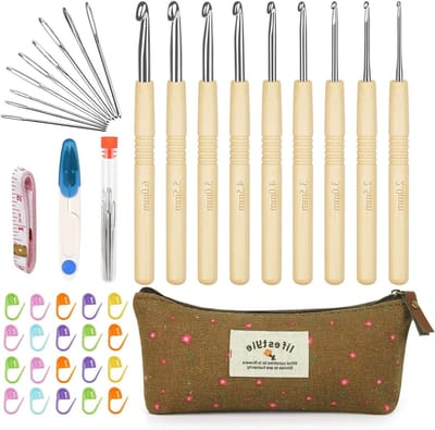 Ergonomische Haaknaald Set voor Beginners met Bamboe Handvat, Lichtgewicht en Comfortabel, Inclusief Draagtas en Accessoires, 2-6 mm, Geschikt voor Arthritische Handen