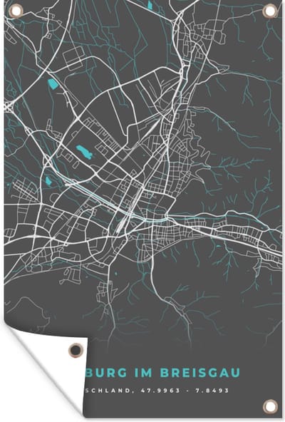 Muurdecoratie Stadskaart – Kaart – Freiburg im Breisgau – Blauw – Duitsland – Plattegrond - 120x180 cm - Tuinposter - Tuindoek