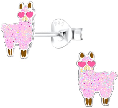 Joy|S - Zilveren Alpaca Lama oorbellen - 6 x 8 mm - roze met glitter en roze hartjes bril