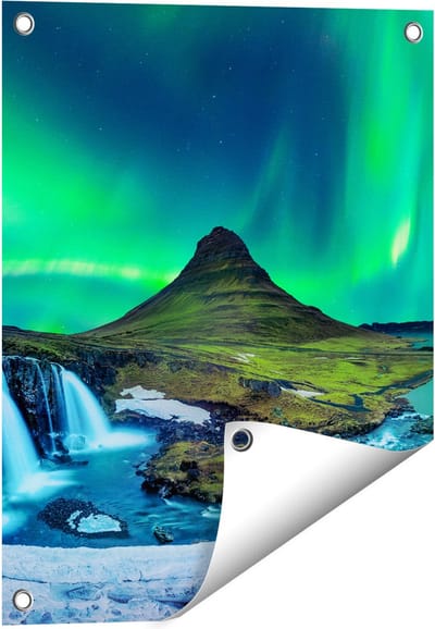 Gards Tuinposter Noorderlicht bij de Watervallen in IJsland - 40x50 cm - Tuindoek - Tuindecoratie - Wanddecoratie buiten - Tuinschilderij