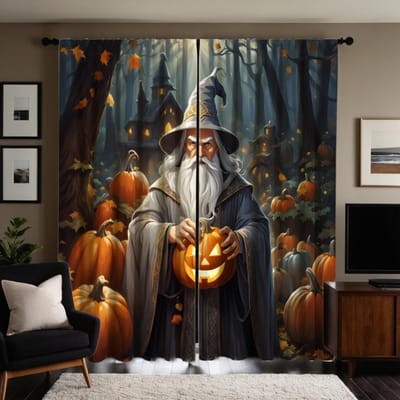 2 pièces de HD nuit sombre Halloween avec citrouille vieil homme rideau Cravate noire rideau imprimé numériquement Décoration de maison styl W52H63inchW132H160cm gray
