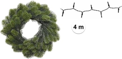 Groene kerstkrans/dennenkrans/deurkrans 50 cm inclusief helder witte verlichting