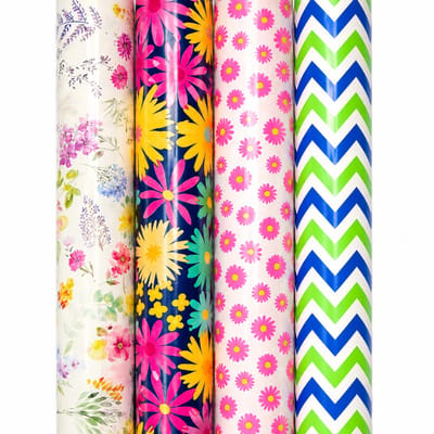 Cadeaupapier – Bloom Chevron Mix – (4 STUKS) – 200×70 cm – Bloemen, Madeliefjes & Chevron – Inpakpapier – Vrolijk & Kleurrijk