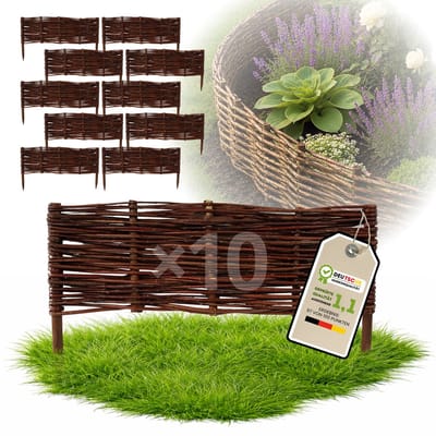 Floranica Set van 10 Bedrand van wilgenhout 20 cm x 60 cm Wilgenhek insteekhekwerk Tuinafscheiding van wilg Wilgenvlechtwerk Tuinhek Gazonrand Palissade van wilgentenen
