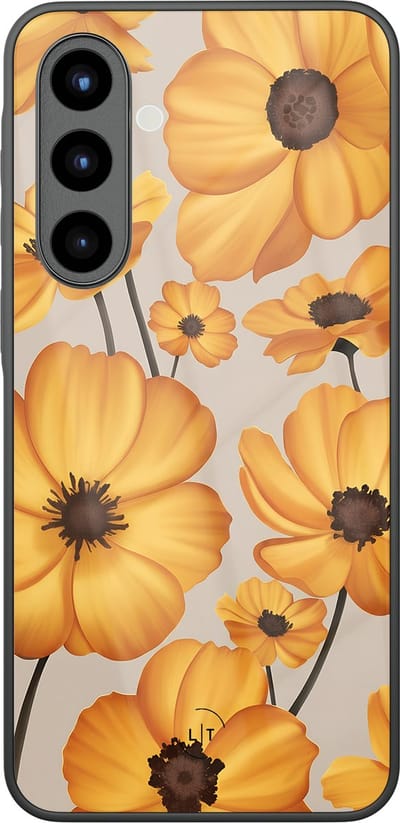 Hoesje geschikt voor Samsung Galaxy A57 - Golden bloom - Luxe Glazen Hardcase - Bloemen - Goud