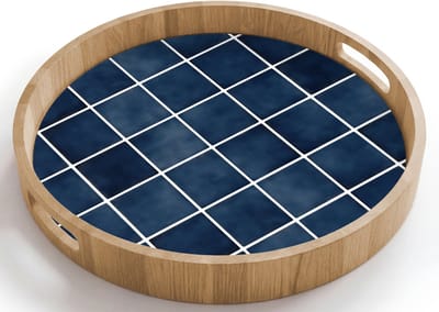 Dienblad rond 40x40 cm - Schootdienblad hout - Tegel - Modern - Blauw - Borrelplank rechthoek - Plateau houten dienbladen