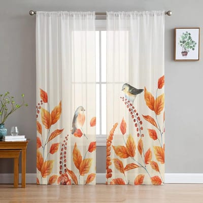 Thanksgiving Herfstplanten Robin Woonkamer Slaapkamer Transparante vitrages Vakantiedecoratie Raam Voile Tule Gordijn 135W x 114H(cm) white