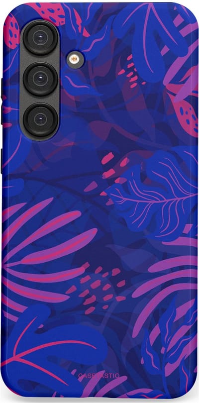 Casetastic hoesje geschikt voor Samsung Galaxy S25 Plus - Dubbellaagse bescherming - Neon jungle blad - Fashion Case - Donkerblauw Lavendel Roze