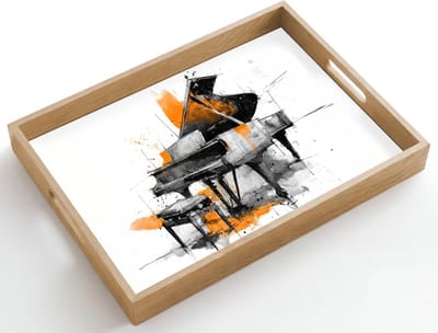 Dienblad hout 50x35 cm - Schootdienblad - Piano - Oranje - Zwart - schets lijnen - Borrelplank rechthoek - Plateau dienbladen
