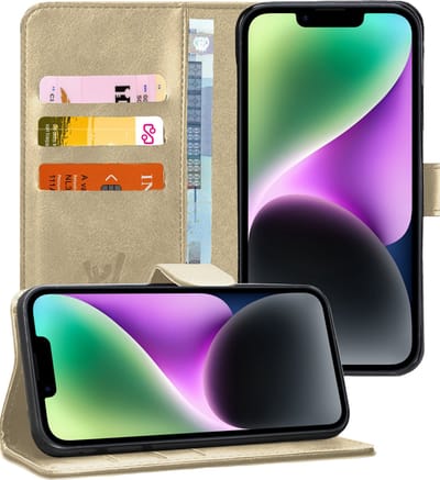 Hoesje geschikt voor iPhone 14 Plus - Book Case Kunstleer Wallet Cover Portemonnee Pasjeshouder Hoes Goud
