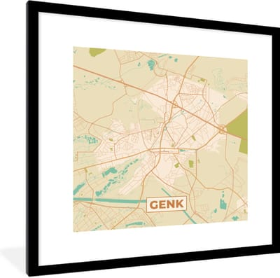 Fotolijst incl. Poster - België - Kaart - Genk - Stadskaart - Plattegrond - 40x40 cm - Posterlijst