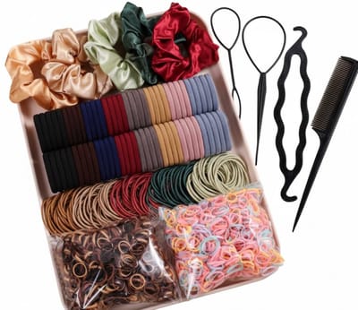 Multicolor haar accessoires set – 1109 stuks – haarelastiekjes, mini elastiekjes, scrunchies en haar tools – complete elastiekjes set voor dames – kleurrijke haar styling set