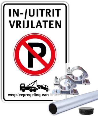 Bord in-/ uitrit vrijlaten - Verboden te parkeren - Weerbestendig Aluminium - 30x45 cm - Bevestiging: Met paal 150 cm + paalbeugels + paaldop