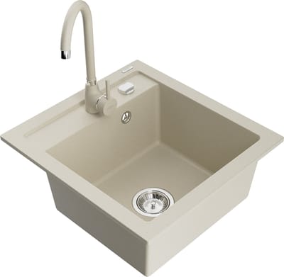 Mexen Vito granieten gootsteen 1-komor met keukenmengkraan Telma, beige - 6503-69-670200-69