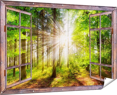 Gards Tuinposter Doorkijk Bos met Zon tussen de Bomen - 180x120 cm - Tuindoek - Tuindecoratie - Wanddecoratie buiten - Tuinschilderij