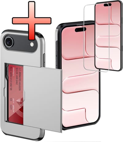 Hoes Geschikt voor iPhone Air Hoesje Pasjeshouder Hard Cover Met Screenprotector Shock Proof Hard Case Hoes Met Kaarthouder - Grijs