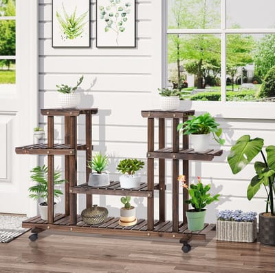 MEUNIQ Plantenrek 123,5 x 33 x 80 cm met 6 schappen en 4 wielen, houten bloemenrek voor binnen en buiten, open plantenstandaard voor balkon, tuin of woonkamer, donkerbruin