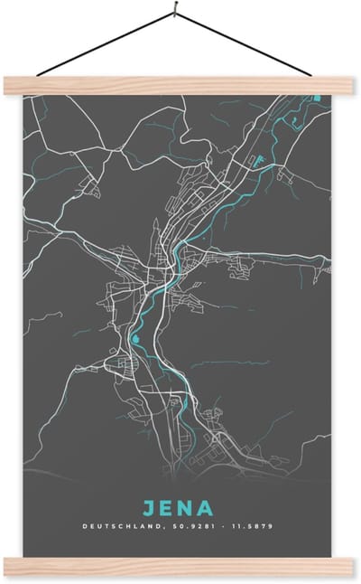 Posterhanger incl. Poster 60x90 cm - Schoolplaat - Stadskaart – Kaart – Jena – Blauw – Duitsland – Plattegrond - Textielposter - Blanke latten - Stadskaart