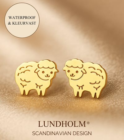 Lundholm Luxe Oorknopjes Dames Schaap – Premium Stainless Steel – Cadeautje Meisje - Goud kleurige Schaapjes Oorbellen (1.2 x 0.9 cm) – Waterproof & Hypoallergeen – Luxe Geschenkverpakking