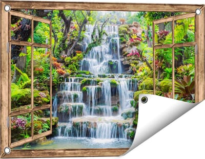Gards Tuinposter Doorkijk Tropische Waterval in Thailand - 60x40 cm - Tuindoek - Tuindecoratie - Wanddecoratie buiten - Tuinschilderij