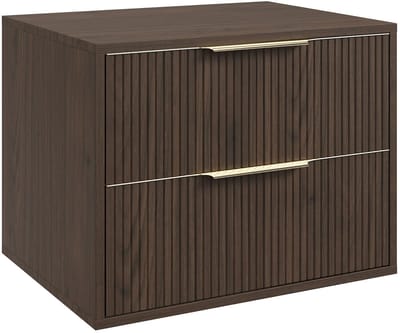 Badplaats Wastafelkast Rimini 60 cm – Walnoot Bruin – Hangend Badmeubel met 2 Lades en Gouden Handgrepen