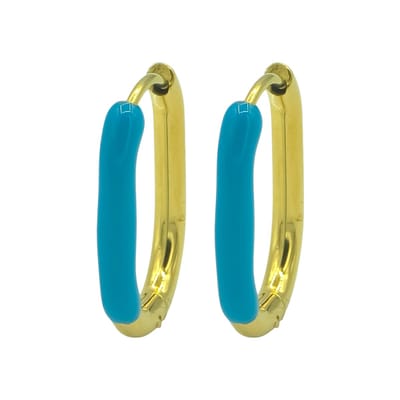 Goldplated U-Huggie oorbellen van staal met blauwe emaille (21 x 16mm)