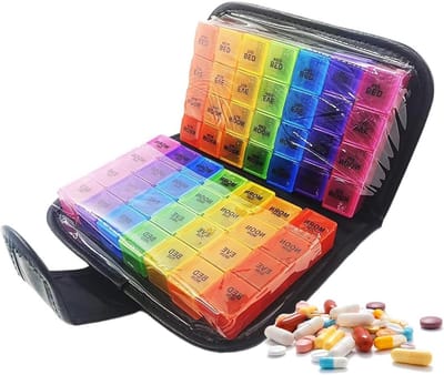 Pillendoos voor 14 dagen met 4 vakken, ideaal voor medicijnen, vitamines en supplementen, kleurrijke dagdozen voor ochtend, middag, avond en nacht