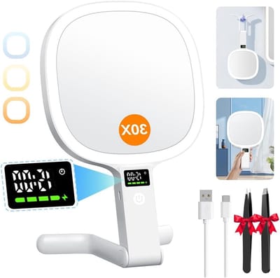 Verlicht Make-up Spiegel met LED Scherm voor Tijd, Batterij en Helderheidsniveau, Dubbelzijdige 30X/1X Spiegel met 3 Kleuren, Vouwbare Draagbare Reismirror, Oplaadbare USB Tafelspiegel