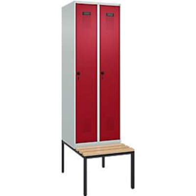 C+P Evolo Plus garderobekast, 2 vakken van elk 300 mm breed, bankje eronder, B 600 x D 815 x H 2120 mm, draaigrendel, lichtgrijs/ruy rood