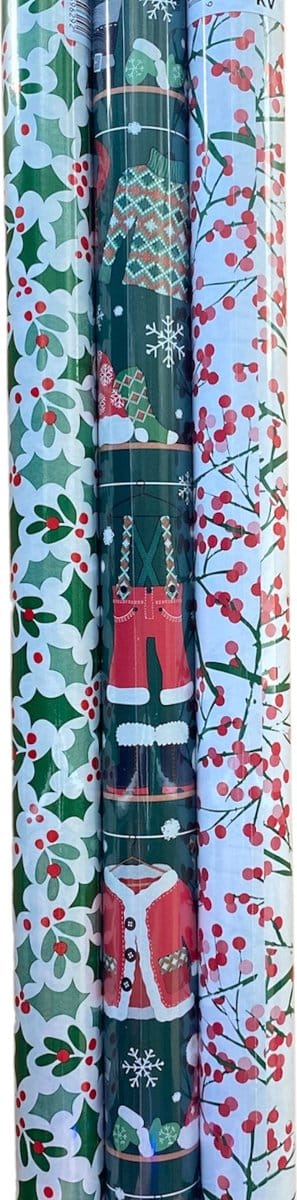 FESTIVE GIFTS Inpakpapier - Cadeaupapier - 200 x 70cm - 3 rollen - Kerst - Luxe Cadeauverpakking - Kleurrijk