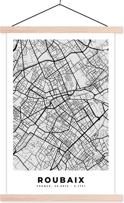 Posterhanger incl. Poster 40x60 cm - Schoolplaat - Plattegrond - Kaart - Stadskaart - Frankrijk - Roubaix - Textielposter - Blanke latten - Stadskaart