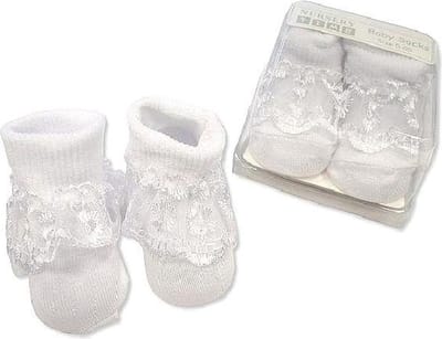 NURSERY TIME - GIFT BOX BABY Bootee Sokjes met kant WIT 0-1 maand (maat 56)