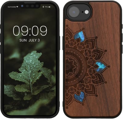 kwmobile telefoonhoesje geschikt voorApple iPhone 17e / iPhone 16e - Hoesje met bumper - hout - In donkerbruin Parelmoer mandala design