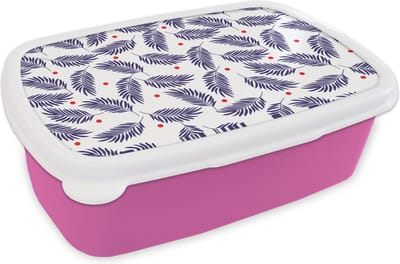 Broodtrommel Roze - Lunchbox - Brooddoos - Tropisch - Bladeren - Patronen - Stippen - 18x12x6 cm - Kinderen - Meisje