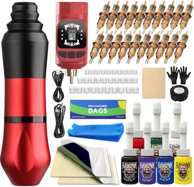 DailySupplies® Tattoo Machine met Accessoires - Tattoo kit Draadloos - Complete Set - Rood