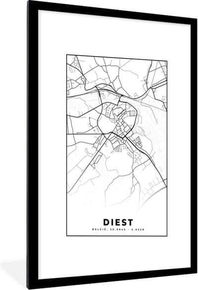 Fotolijst incl. Poster Zwart Wit- Kaart – Plattegrond – Stadskaart – Diest – België – Zwart Wit - 60x90 cm - Posterlijst