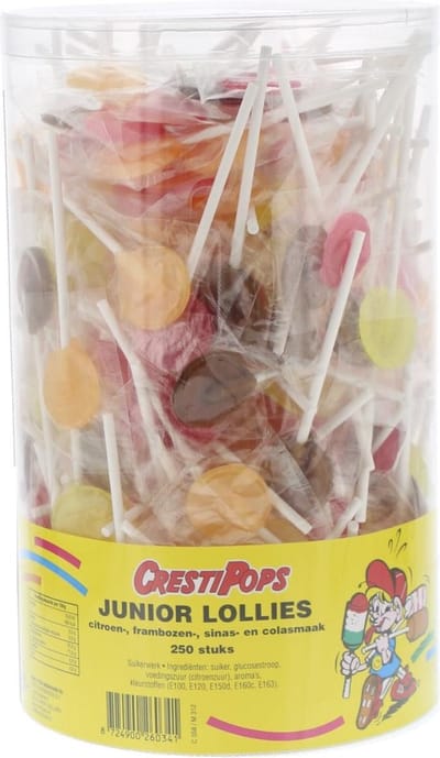 Junior lollies Citroen, frambozen-, sinas- en colasmaak XL Silo 250 stuks Crest Pops