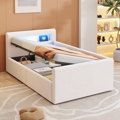 Wishdor Kinderbed 90x200 cm – LED en Nachtlampje – USB – Hydraulische Opbergruimte – Fluweel – Beige
