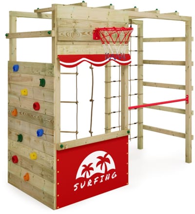 Wickey Smart Action Speeltoestel - Hangladder met Klimnet en Klimwand - Basketbalring & Winkel - 250x105x220 cm - Rood