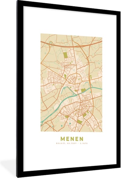 Fotolijst incl. Poster - Vintage - Menen - Kaart - Stadskaart - Plattegrond - 60x90 cm - Posterlijst