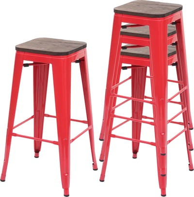 Set van 4 barkrukken MCW-A73 incl. houten zitting, barkruk tegenkruk, metaal industrieel ontwerp stapelbaar ~ rood