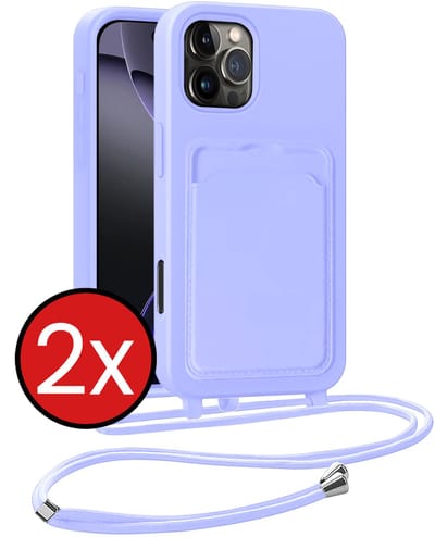 Hoesje Geschikt voor iPhone 16 Pro Hoesje Met Telefoonkoord en Pasjeshouder Siliconen - Hoes Geschikt voor iPhone 16 Pro Hoesje Met Kaarthouder Case - Lila - 2 PACK
