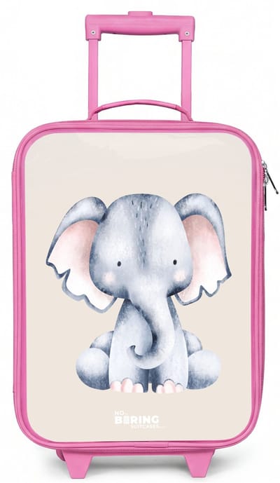 NoBoringSuitcases.com® - Kinderkoffer roze - Kindertrolley meisje - Olifant tekening tegen een beige achtergrond - Koffer kind lichtgewicht - Reiskoffer trolley voor kinderen - Koffertje met lichtgevende wieltjes - Rolkoffer