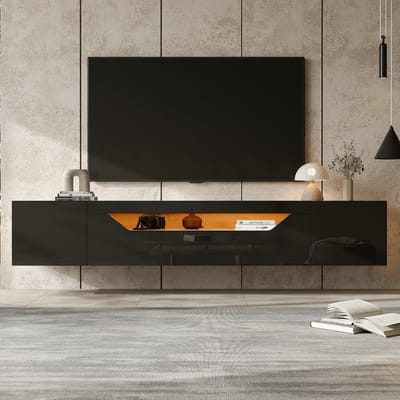 VVBV TV-kast met Zwevend Hangbord 180 × 37 × 36 cm Zwart + Originele Houtkleur Hoogglans met 2 Opbergvakken en 1 Neerwaarts Openend Opbergvak met LED-verlichting Geschikt voor 75 Inch TV Wandmontage Mogelijk