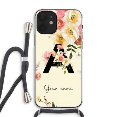 Gepersonaliseerd - Case Company® - Hoesje met koord geschikt voor iPhone 12 hoesje met Koord - Flirty Flowers Monogram - Telefoonhoesje met Zwart Koord - Extra Bescherming aan alle Kanten en Over de Schermrand