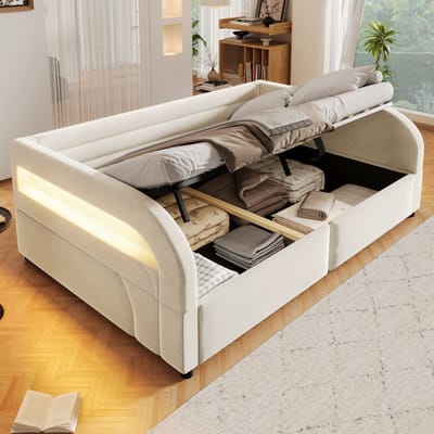 Gestoffeerd Bed 140x200 - Beige Bed Met Opbergruimte - Hydraulische Hefopslag - RGB-ledverlichting - Flanellen Bekleding Voor Slaapkamer