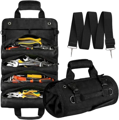 Oprolbare gereedschapstas van canvas, multifunctionele gereedschapsrol voor klussen, ideaal als cadeau voor mannen en knutselprojecten, zwart