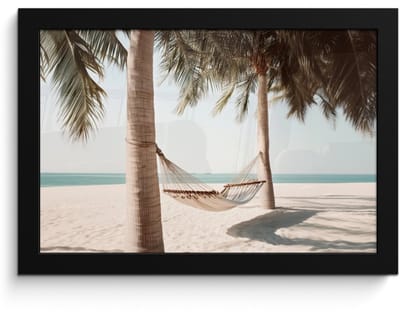 Poster in lijst - Fotolijst 30x20 cm - Posters - Hangmat - Palmbomen - Strand - Zee - Posterlijst zwart - Decoratie - Wanddecoratie woonkamer - Muurdecoratie slaapkamer
