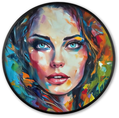 Poster in lijst Rond - Fotolijst 60x60 cm - Posters - Gezicht - Vrouw - Olieverf - Kleurrijk - Kunst - Ronde posterlijst zwart - Decoratie - Wanddecoratie woonkamer - Muurdecoratie slaapkamer